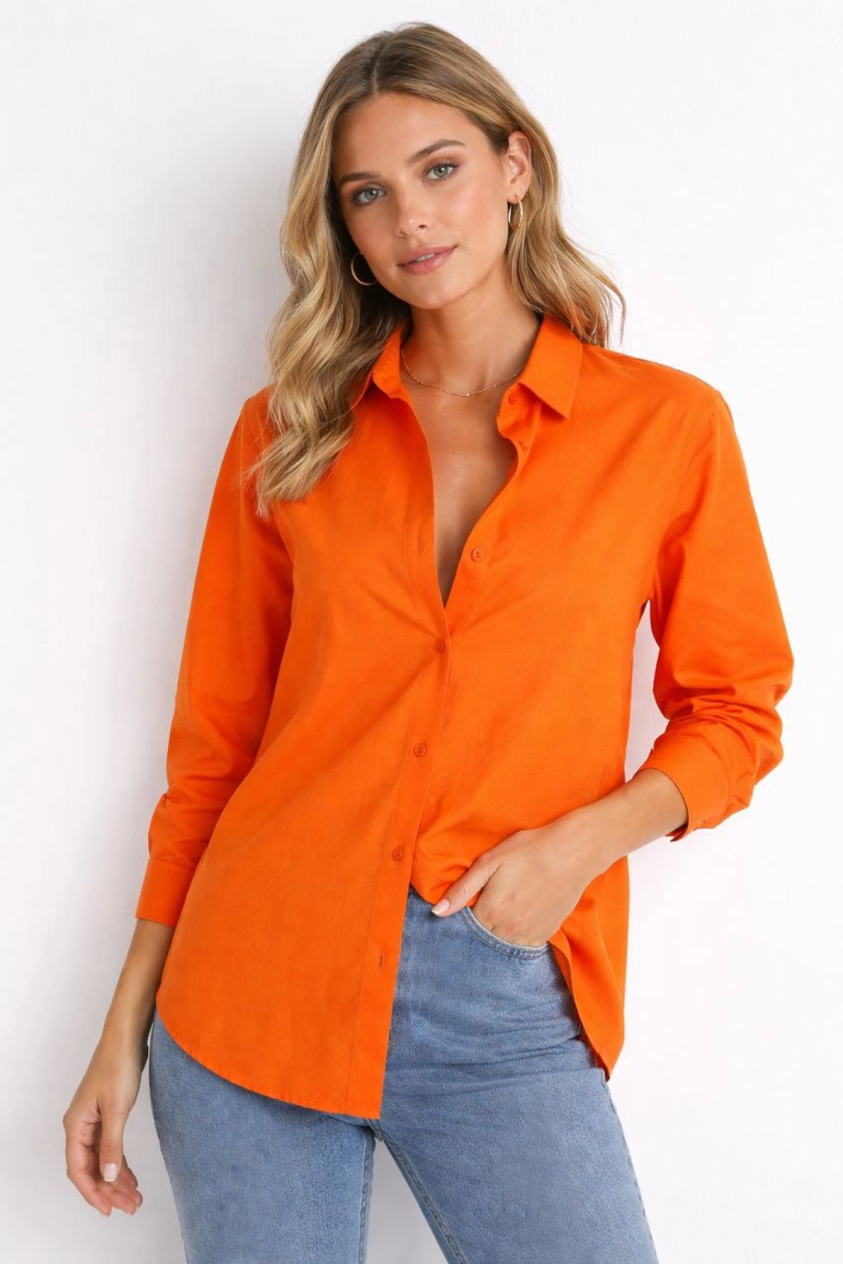 Kadın Uzun Kollu Gömlek Düğmeli Klasik Yaka Günlük ve Ofis Şıklığına uygun - Turuncu