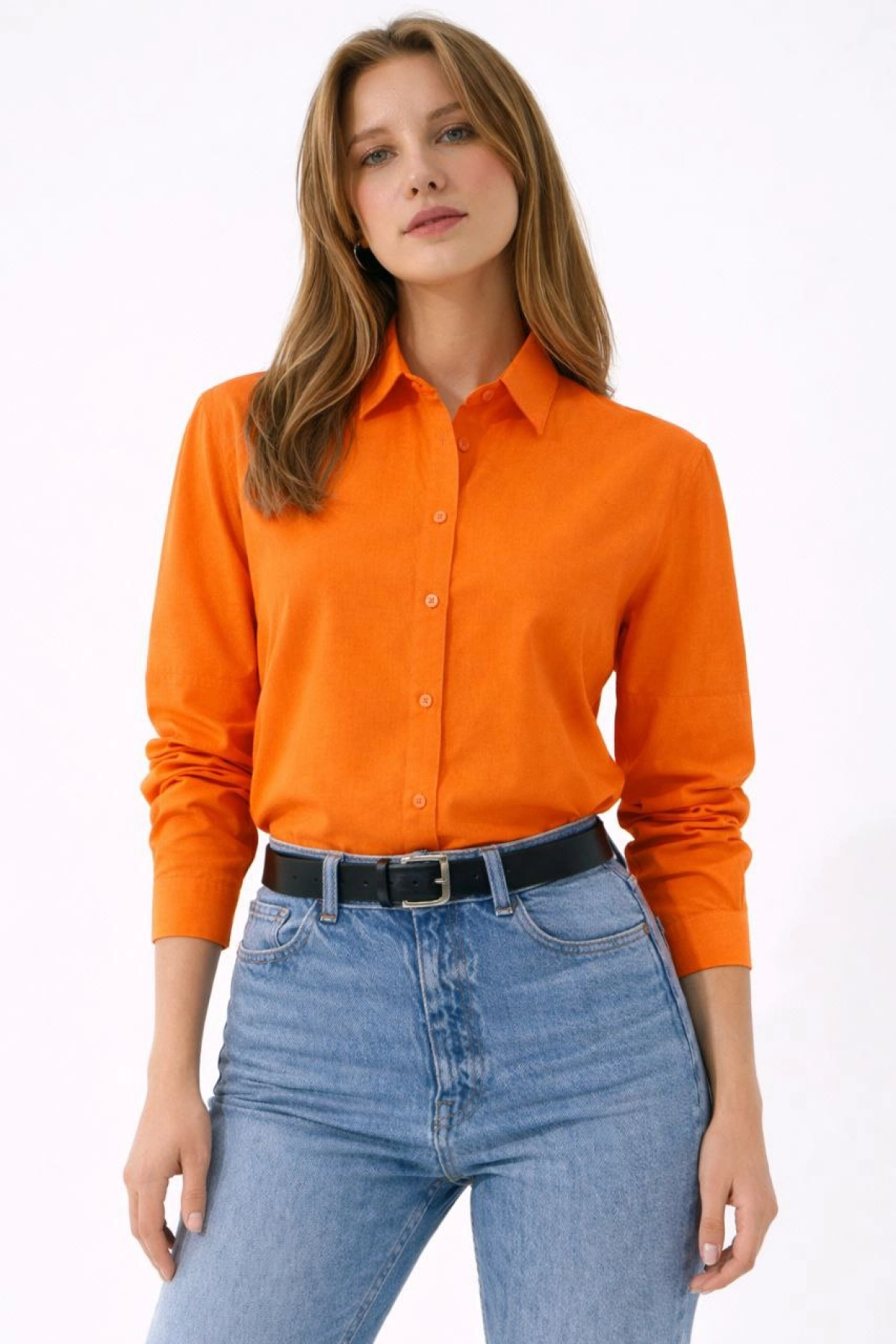 Kadın Uzun Kollu Gömlek Düğmeli Klasik Yaka Günlük ve Ofis Şıklığına uygun - Turuncu