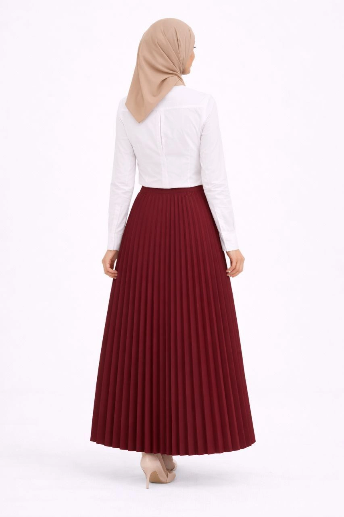 Tesettür Beyaz Gömlekli Pliseli Etek İkili Takım Gündelik ve Ofis Şıklığı - Bordo