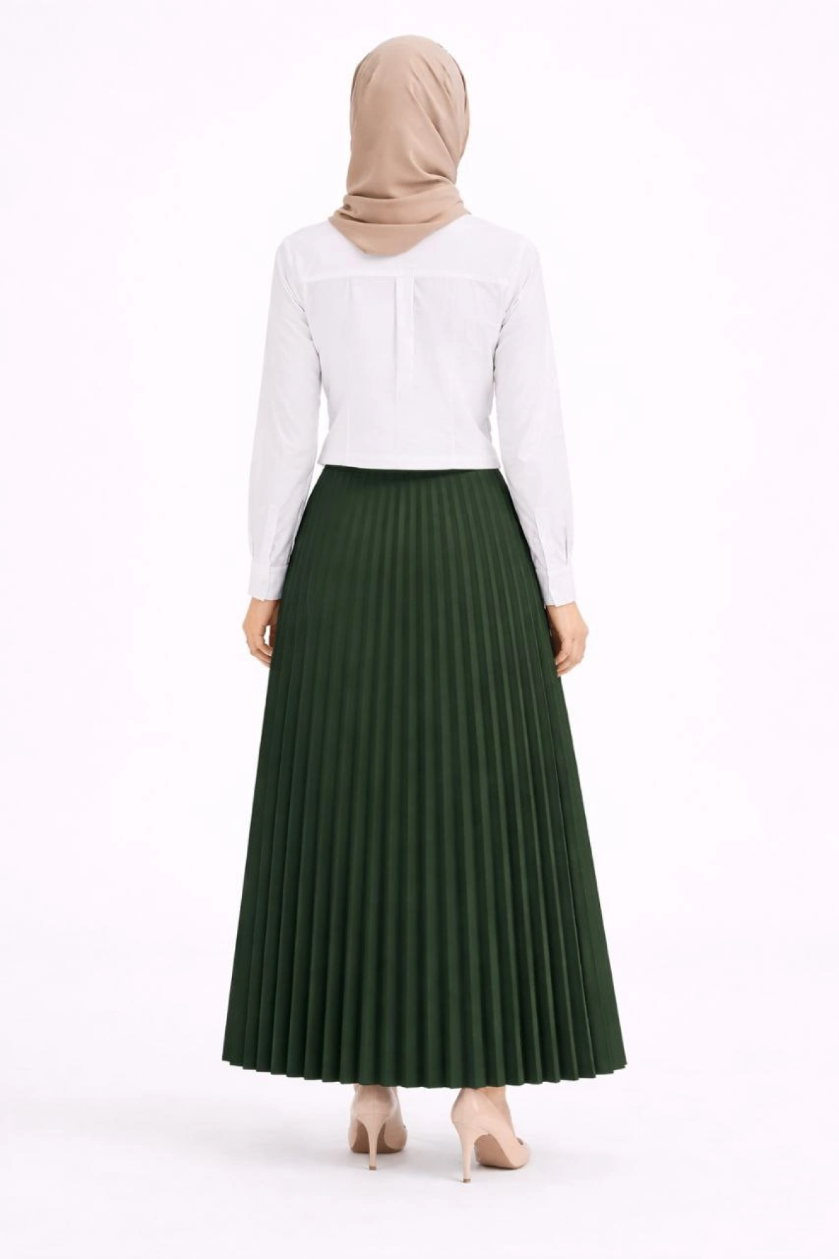 Tesettür Beyaz Gömlekli Pliseli Etek İkili Takım Gündelik ve Ofis Şıklığı - Çağla Yeşili