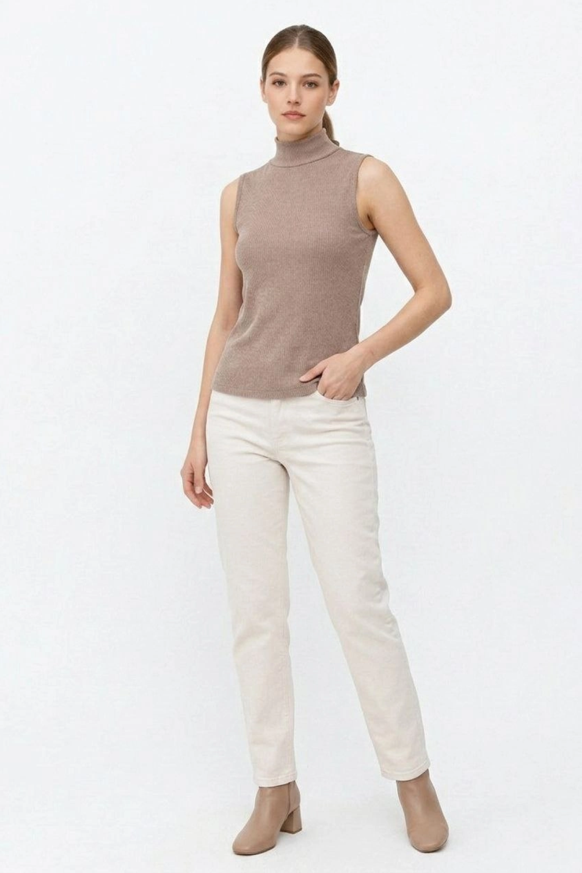 Kadın Yarım Balıkçı Yaka Fitilli Kaşkorse Atlet Basic Şık Bluz Badi - Bej