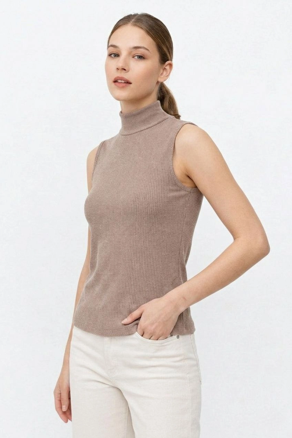 Kadın Yarım Balıkçı Yaka Fitilli Kaşkorse Atlet Basic Şık Bluz Badi - Bej