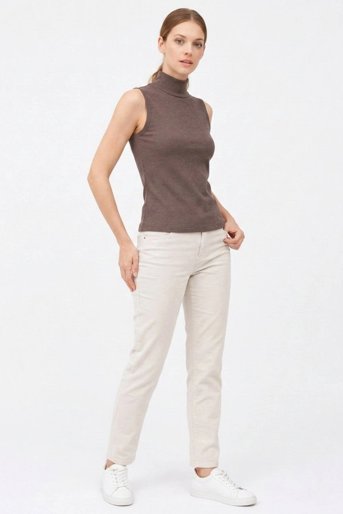 Kadın Yarım Balıkçı Yaka Fitilli Kaşkorse Atlet Basic Şık Bluz Badi - Kahverengi