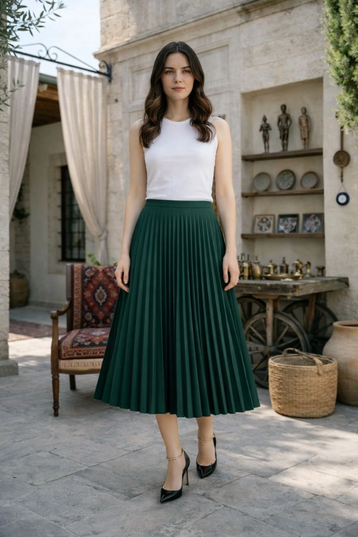 Kadın 90 Cm Saten Kumaş Pliseli Midi Etek Şık ve Zarif Tasarım - Çağla Yeşili