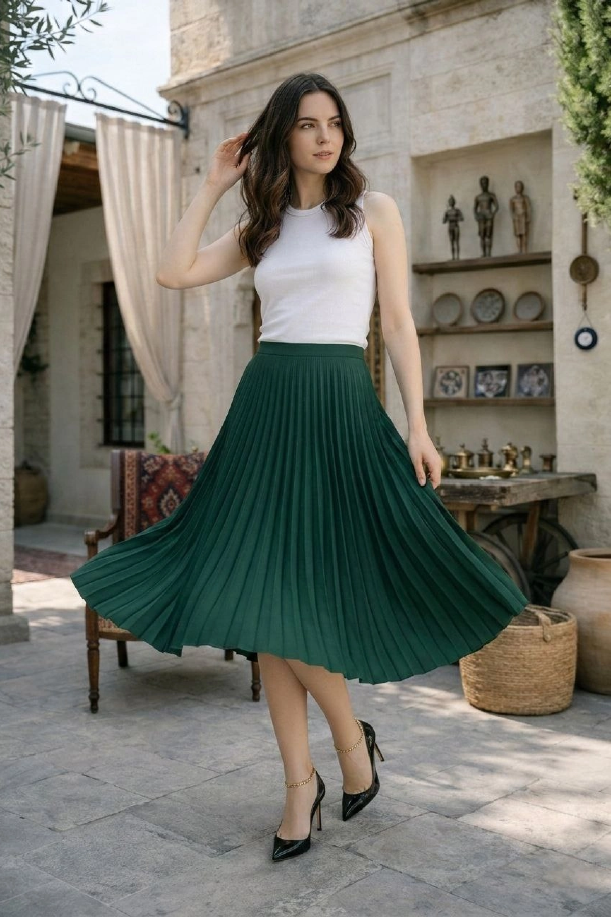 Kadın 90 Cm Saten Kumaş Pliseli Midi Etek Şık ve Zarif Tasarım - Çağla Yeşili