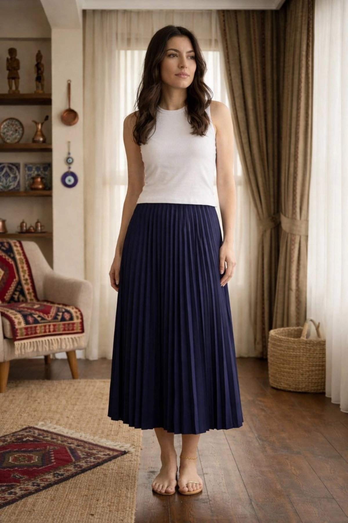 Kadın 90 Cm Saten Kumaş Pliseli Midi Etek Şık ve Zarif Tasarım - Lacivert