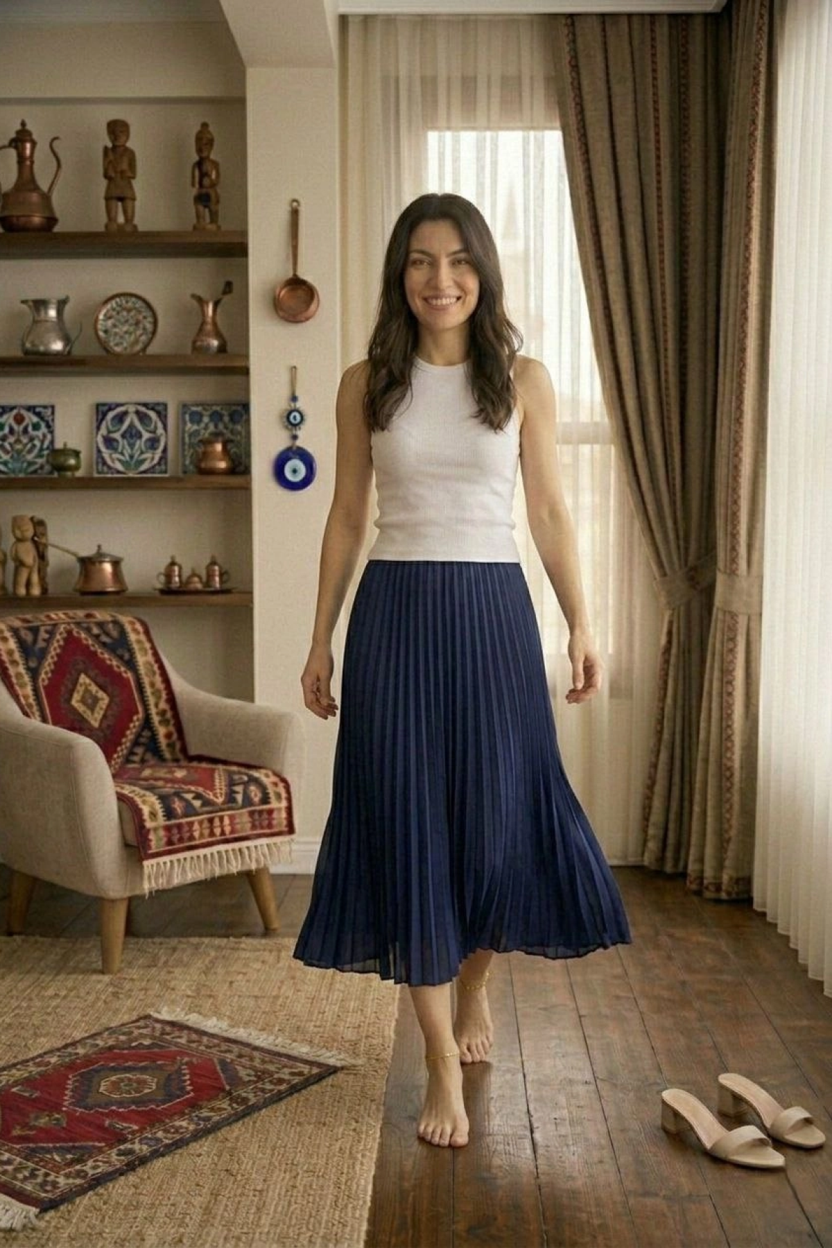 Kadın 90 Cm Saten Kumaş Pliseli Midi Etek Şık ve Zarif Tasarım - Lacivert