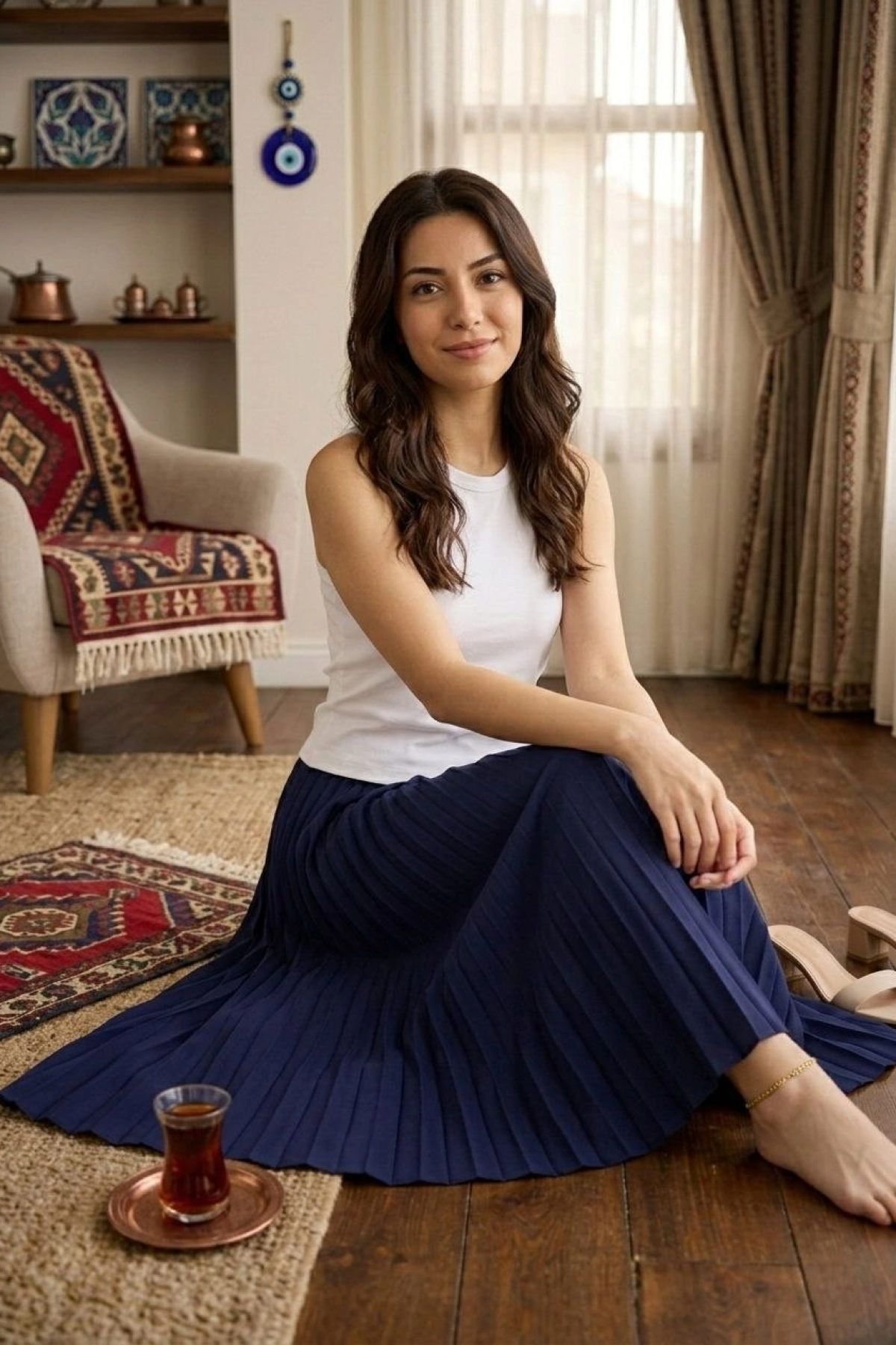 Kadın 90 Cm Saten Kumaş Pliseli Midi Etek Şık ve Zarif Tasarım - Lacivert