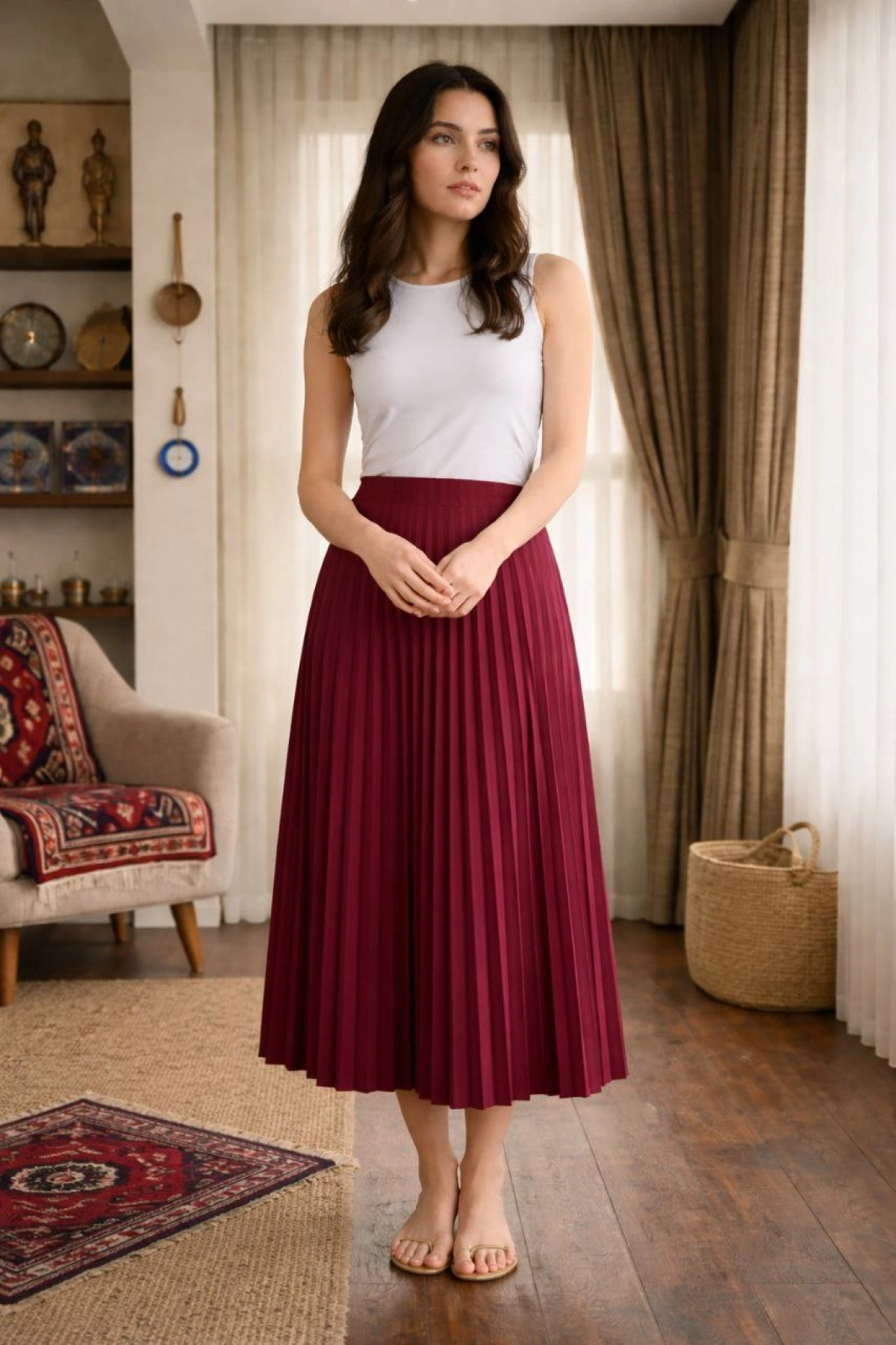 Kadın 90 Cm Saten Kumaş Pliseli Midi Etek Şık ve Zarif Tasarım - Bordo