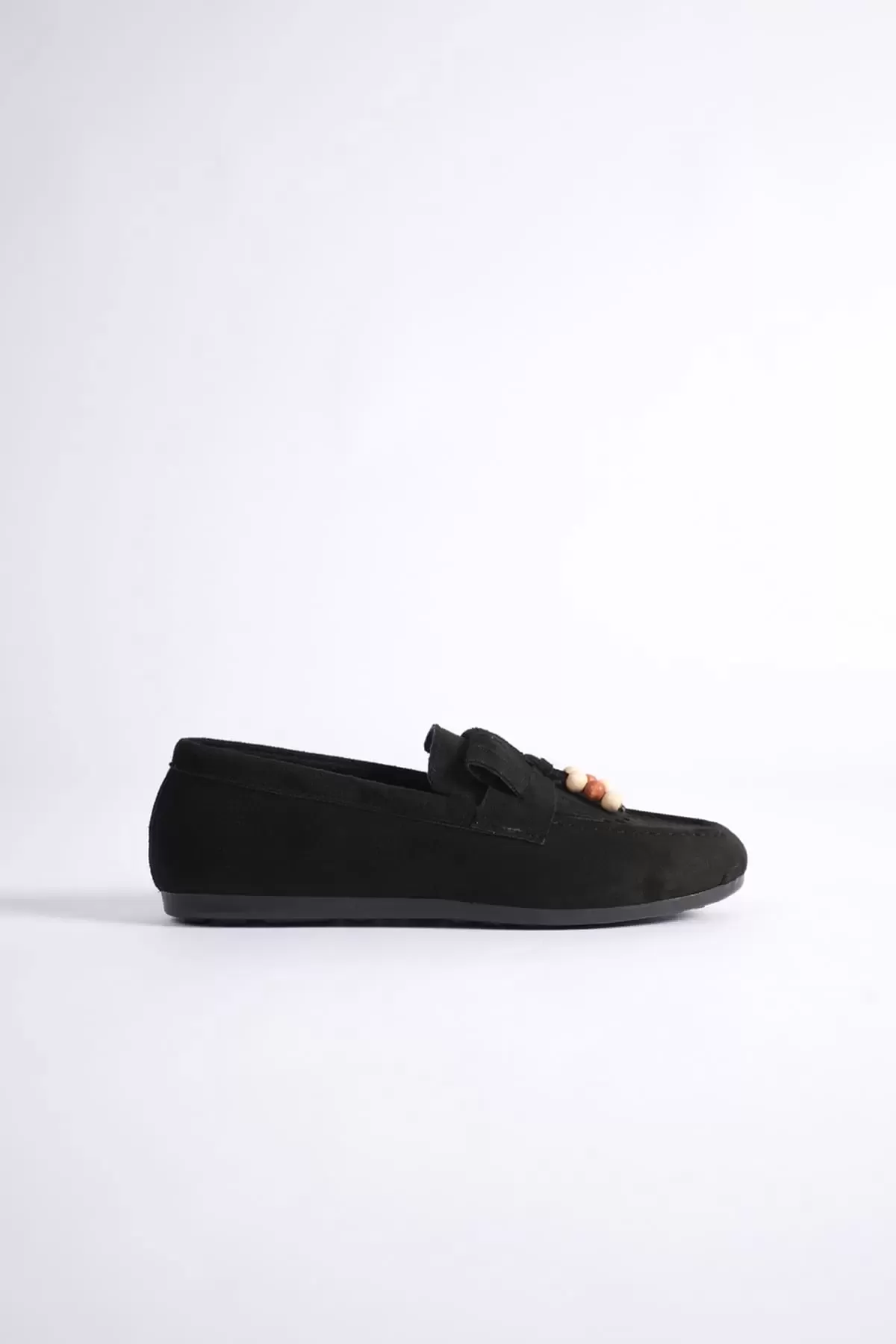 Brassel Kadın siyah Süet Boncuk Detaylı Püsküllü Loafer Ayakkabı Rahat Günlük