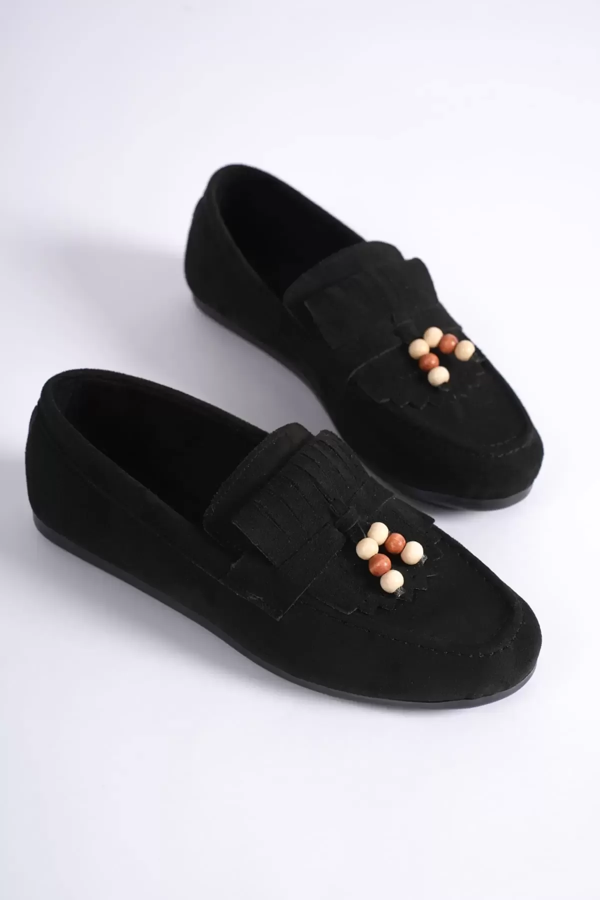 Brassel Kadın siyah Süet Boncuk Detaylı Püsküllü Loafer Ayakkabı Rahat Günlük