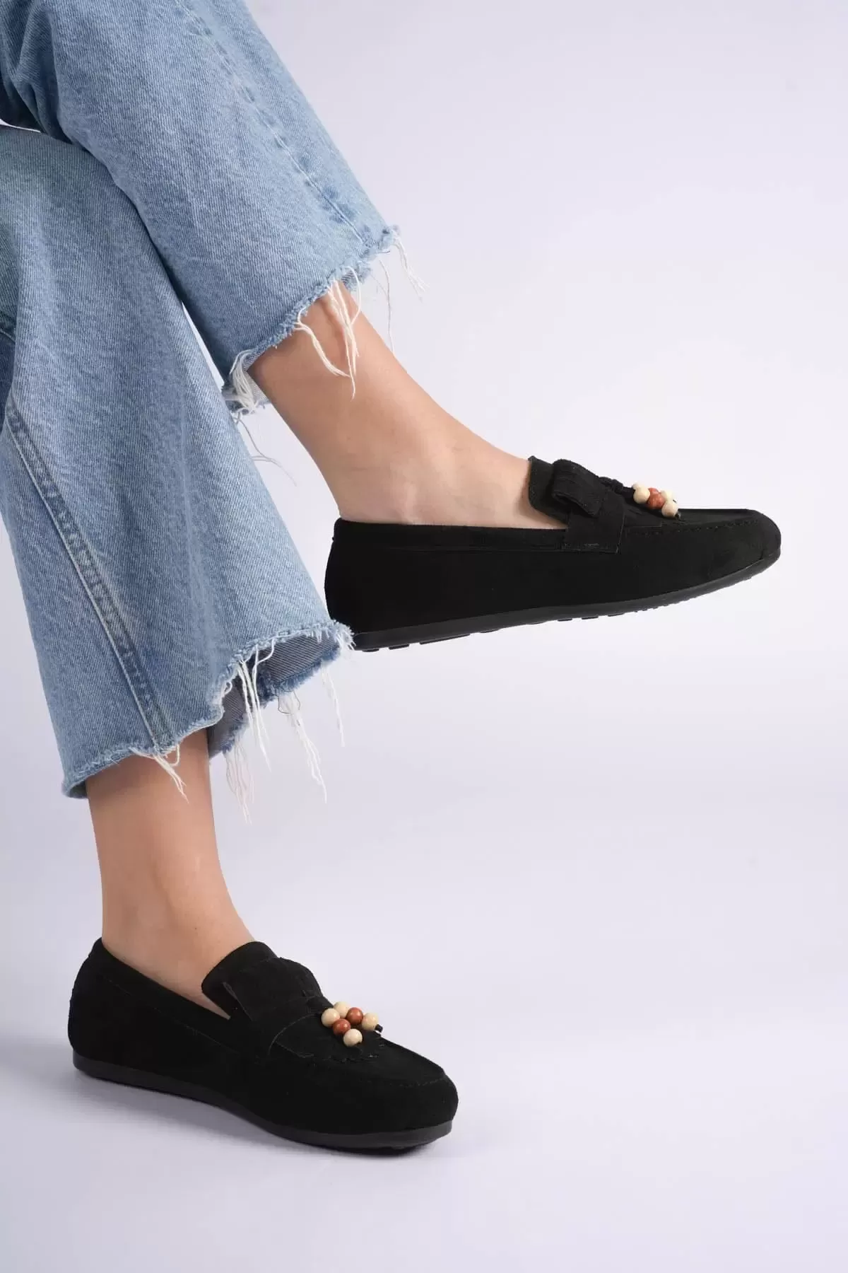 Brassel Kadın siyah Süet Boncuk Detaylı Püsküllü Loafer Ayakkabı Rahat Günlük