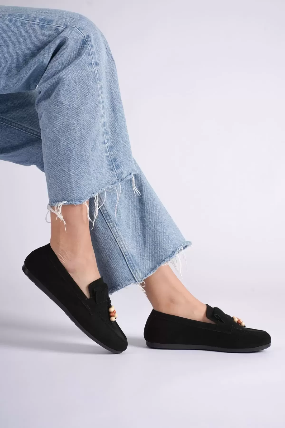 Brassel Kadın siyah Süet Boncuk Detaylı Püsküllü Loafer Ayakkabı Rahat Günlük