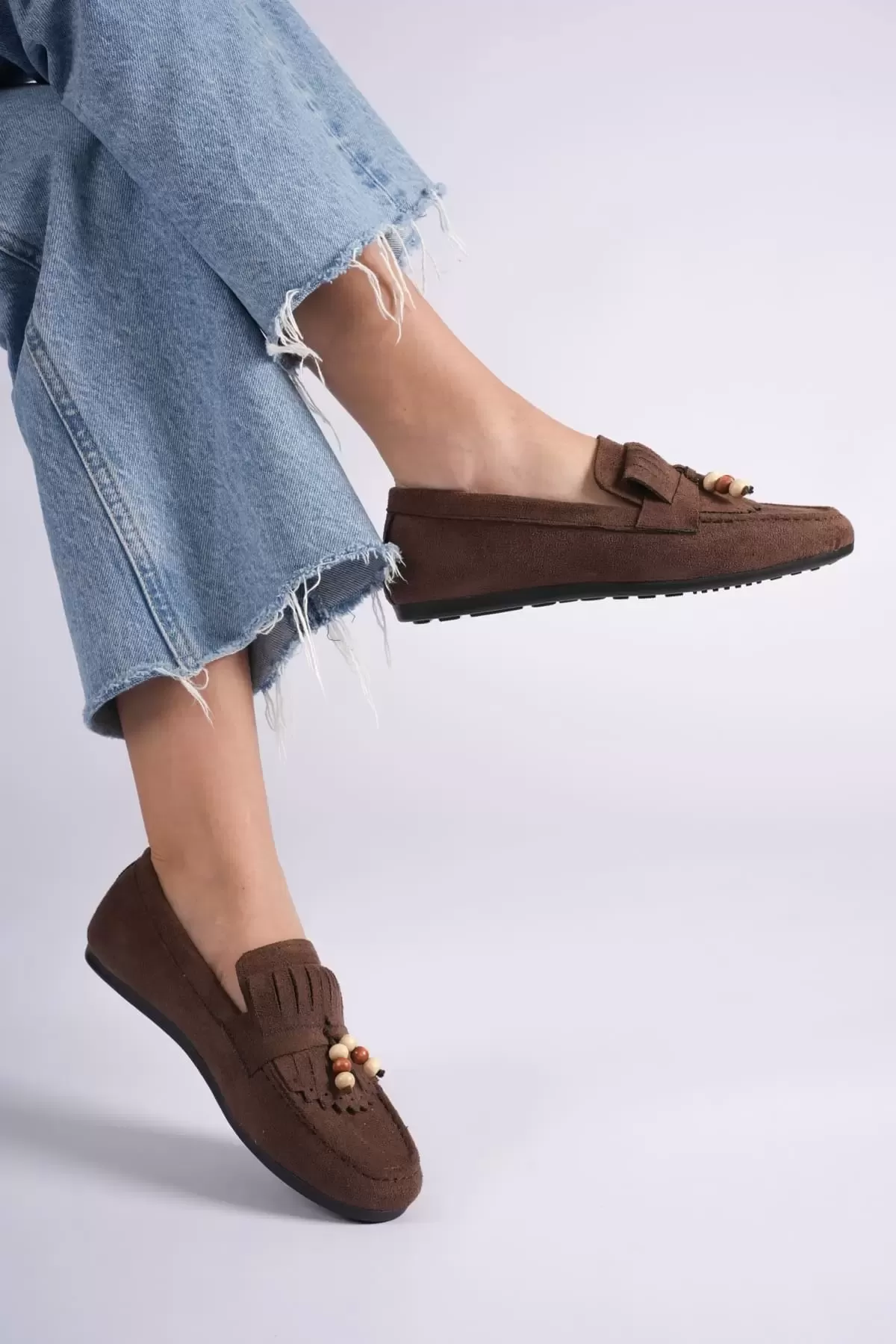 Brassel Kadın Acı Kahve Süet Boncuk Detaylı Püsküllü Loafer Ayakkabı Rahat Günlük