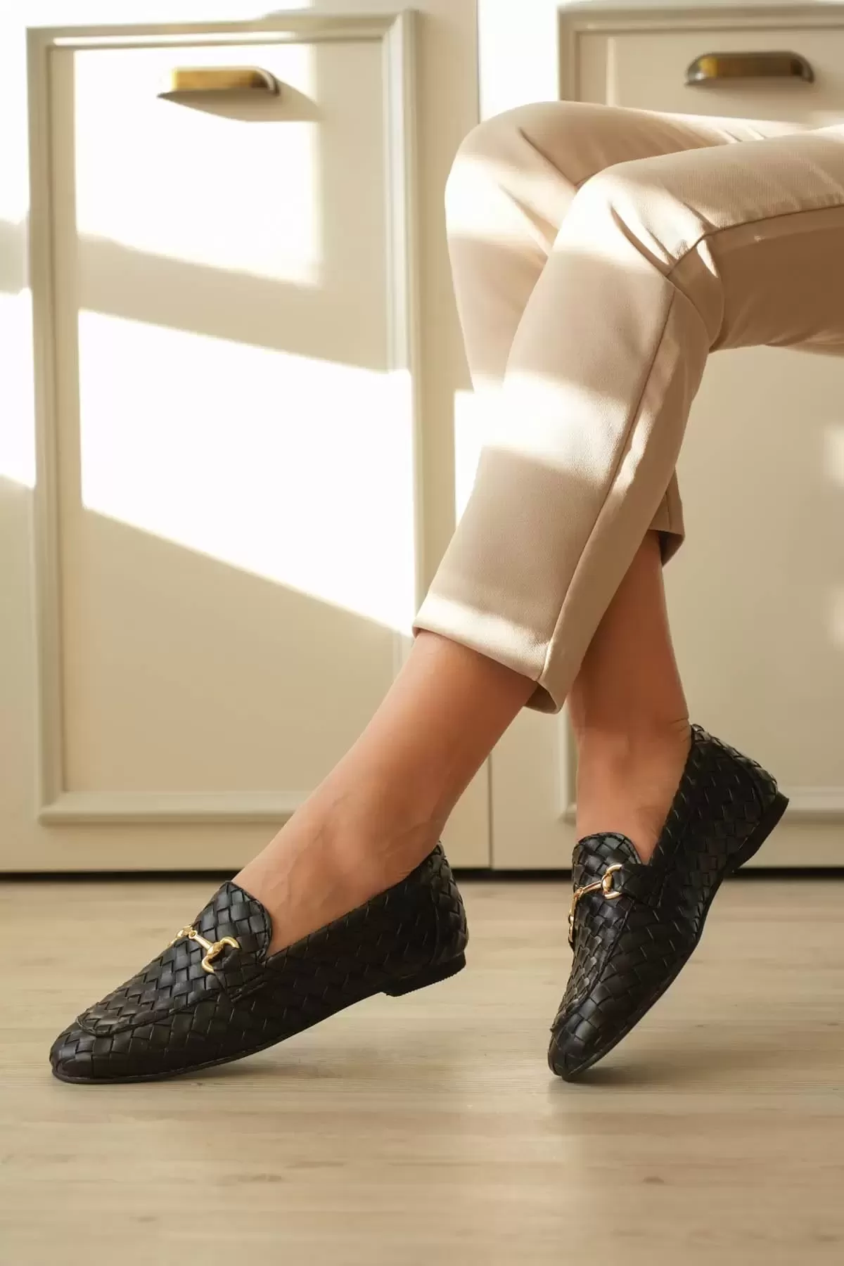 Kadın Siyah Örgü Dokulu Metal Tokalı Loafer Rahat Günlük Ayakkabı TR23MS09A