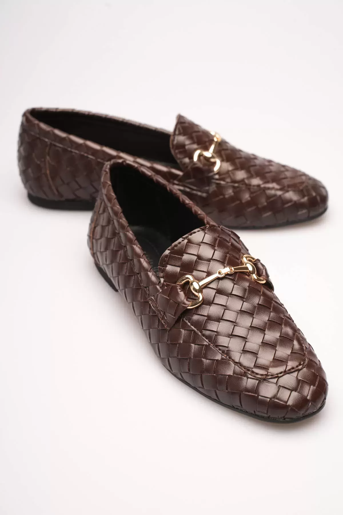 Kadın Acı Kahve Örgü Dokulu Metal Tokalı Loafer Rahat Günlük Ayakkabı TR23MS09C