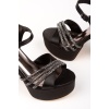 Siyah Saten Taş Detay Platform Topuklu Kadın Ayakkabı