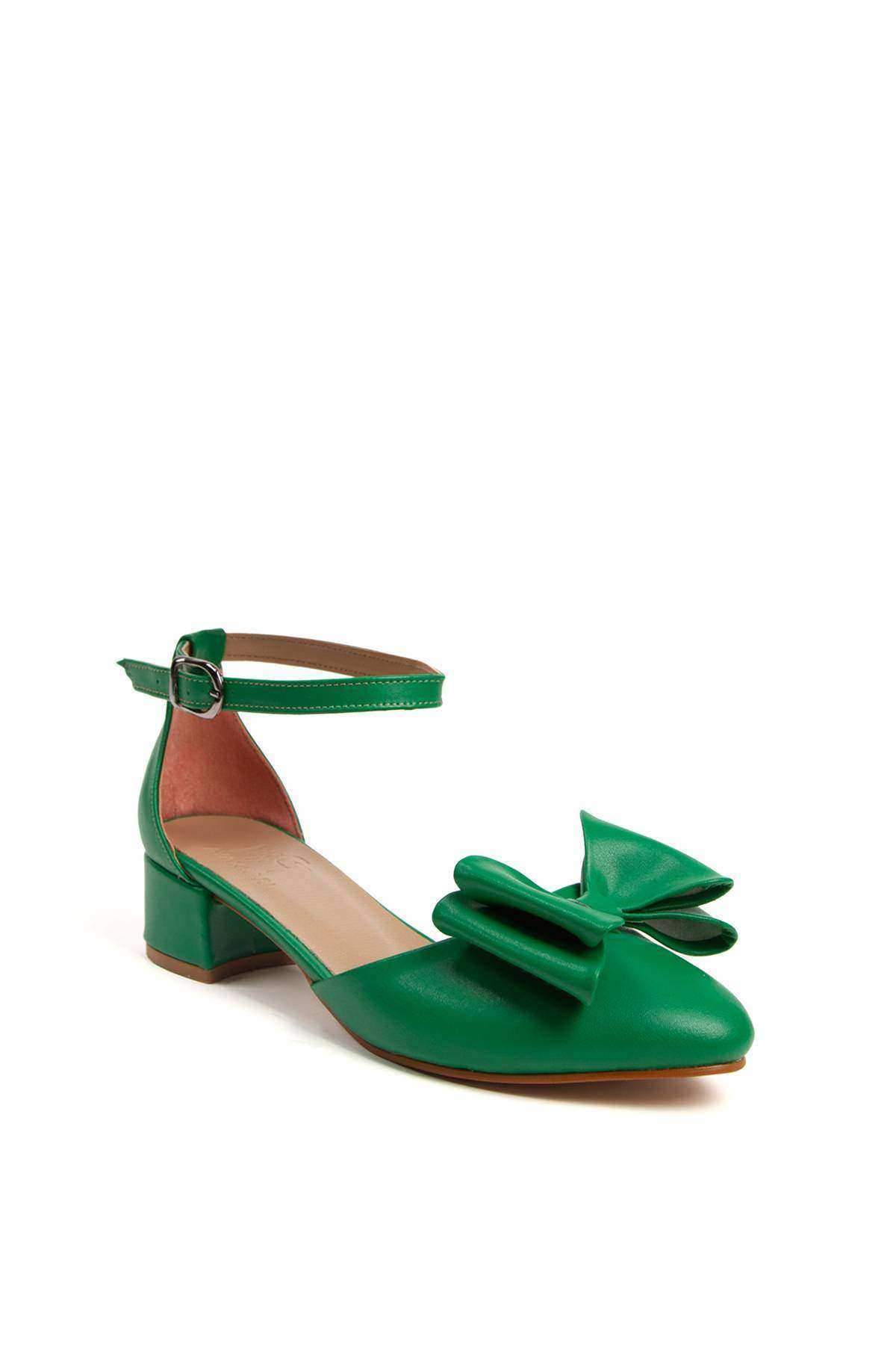 Kadın Yeşil Kısa Topuklu Fiyonklu Ayakkabı