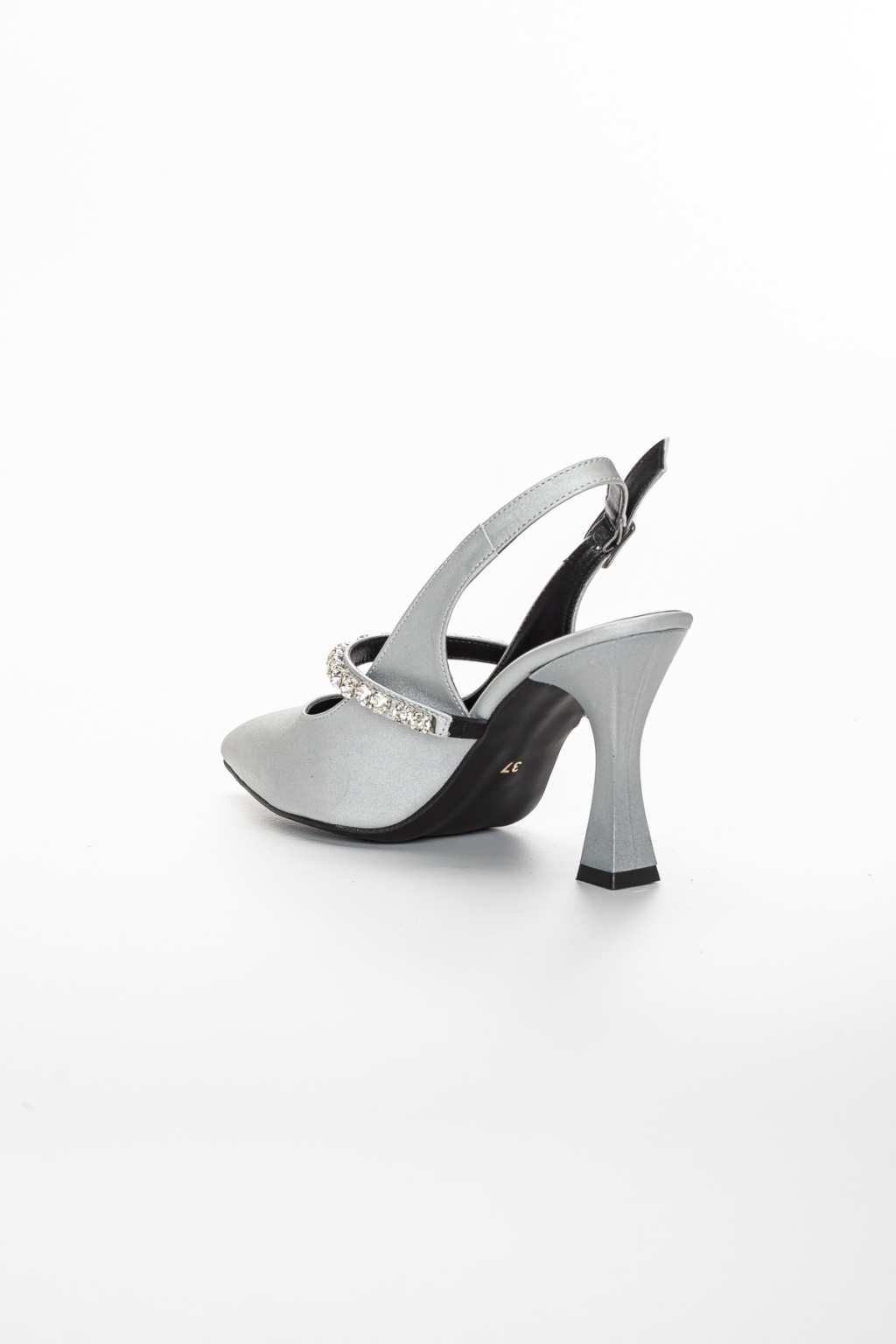 Kadın Yazlık Gümüş Saten Arkası Açık Taş İşlemeli Topuklu Ayakkabı