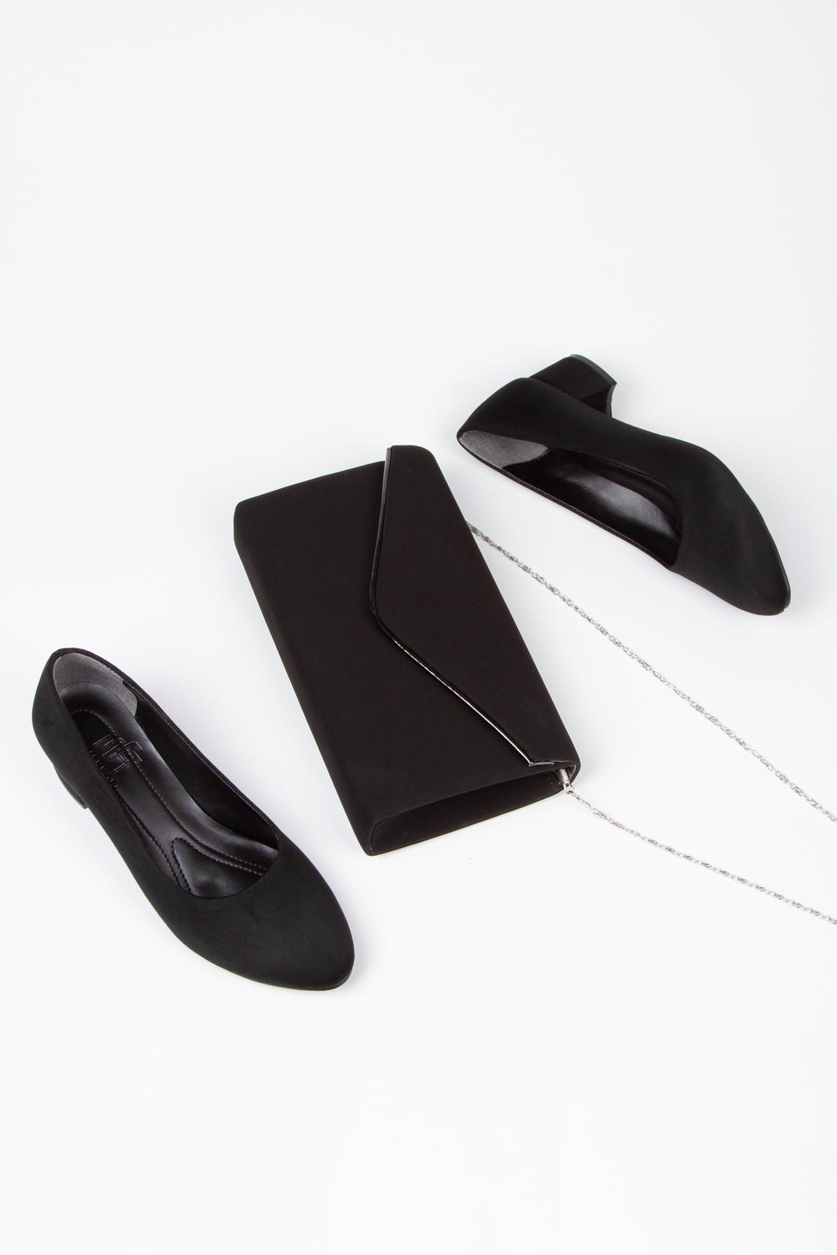 Kadın Siyah Süet Kısa Topuklu Stiletto Ayakkabı Çanta Takımı