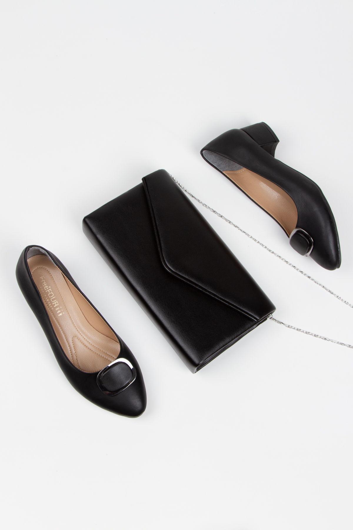 Kadın Kısa Topuklu Şık Tokalı Günlük Ayakkabı ve Çanta Takımı Siyah