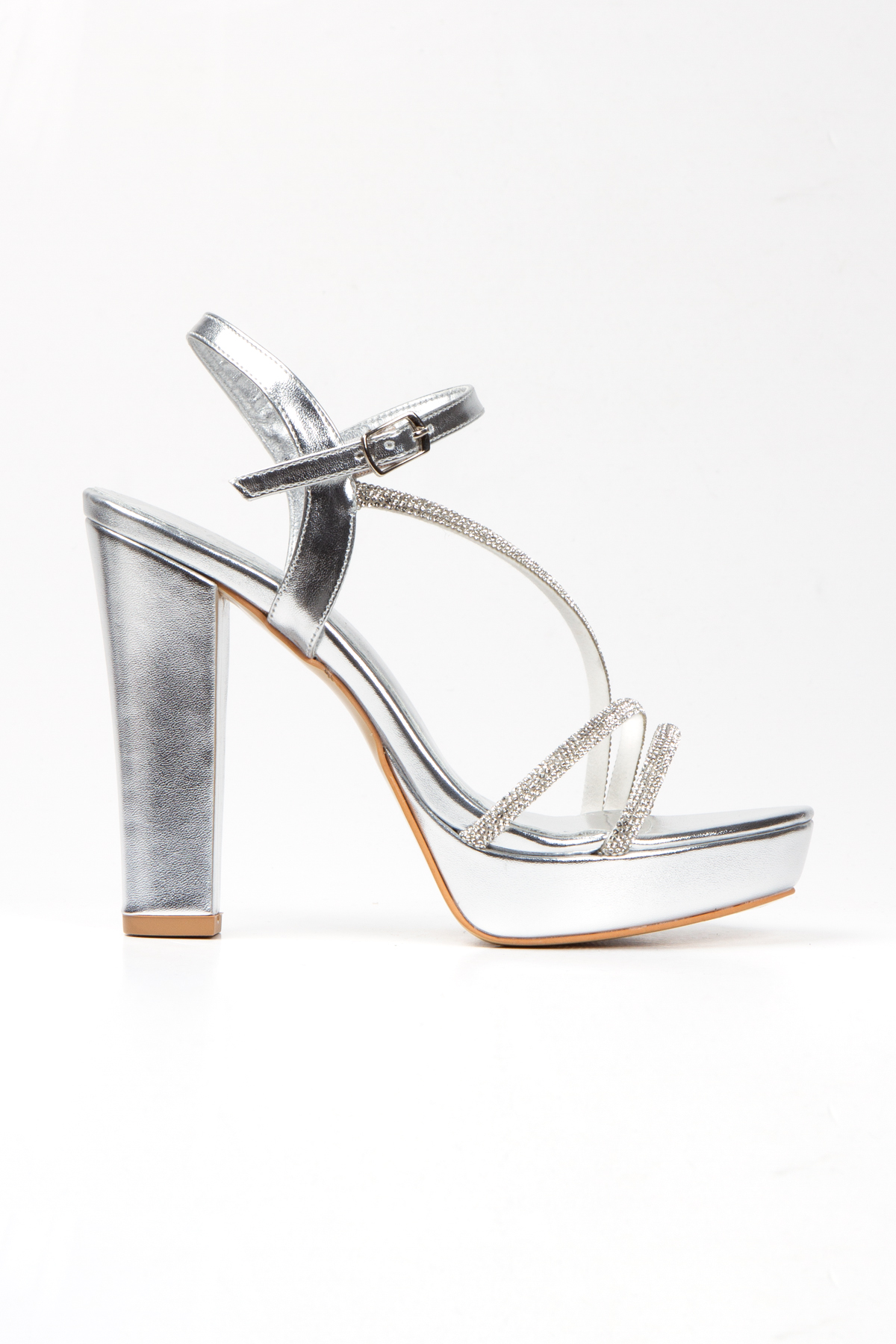 Gümüş Metalik Taşlı Platform Topuklu Ayakkabı