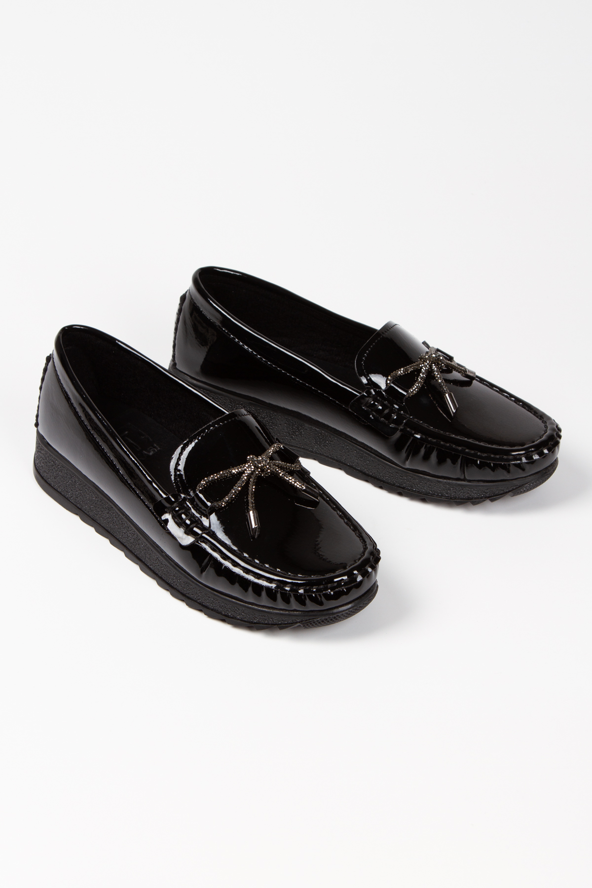Siyah Rugan Taş Bağcık Rahat Loafer Ayakkabı