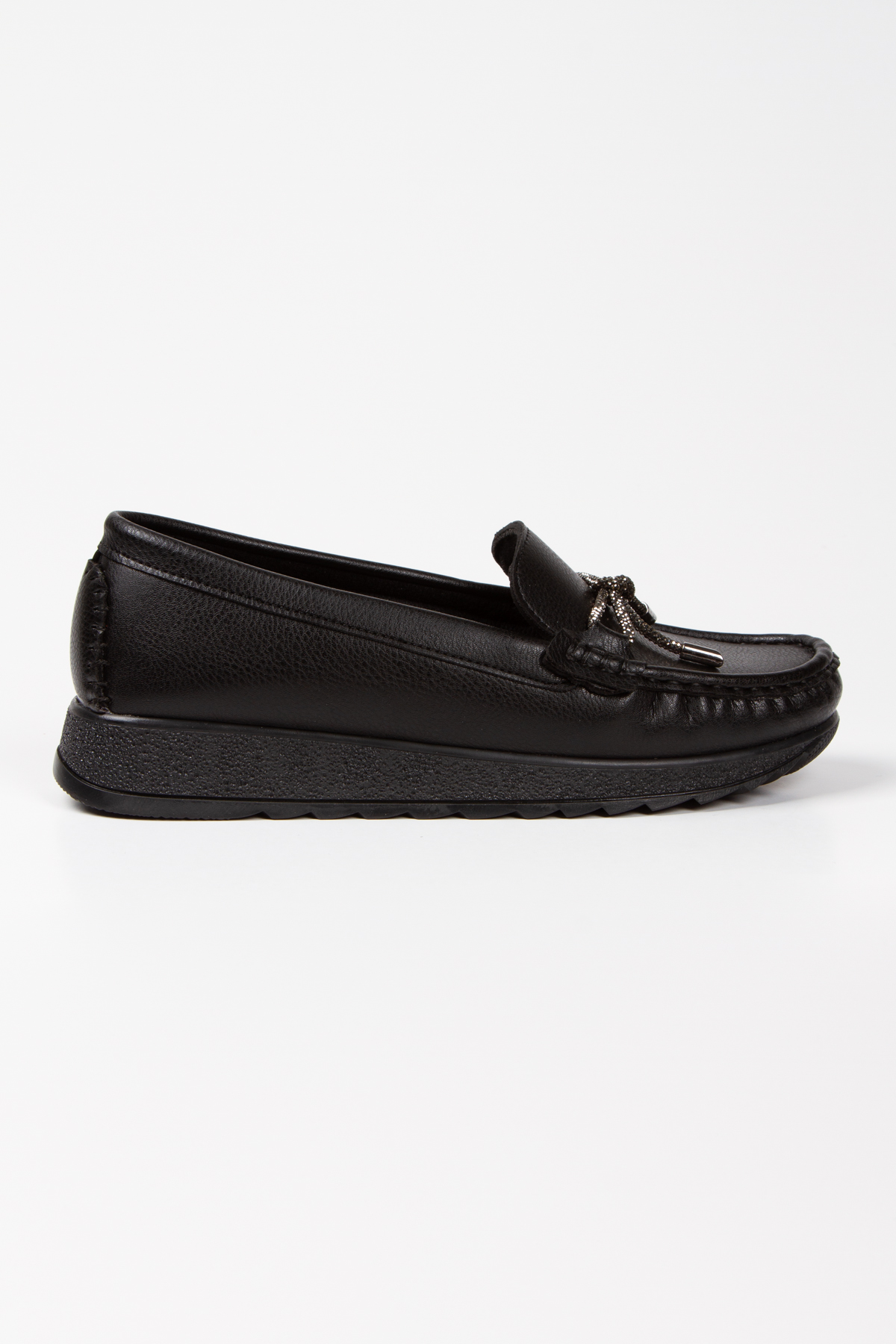 Siyah Suni Deri Taş Bağcık Rahat Loafer Ayakkabı