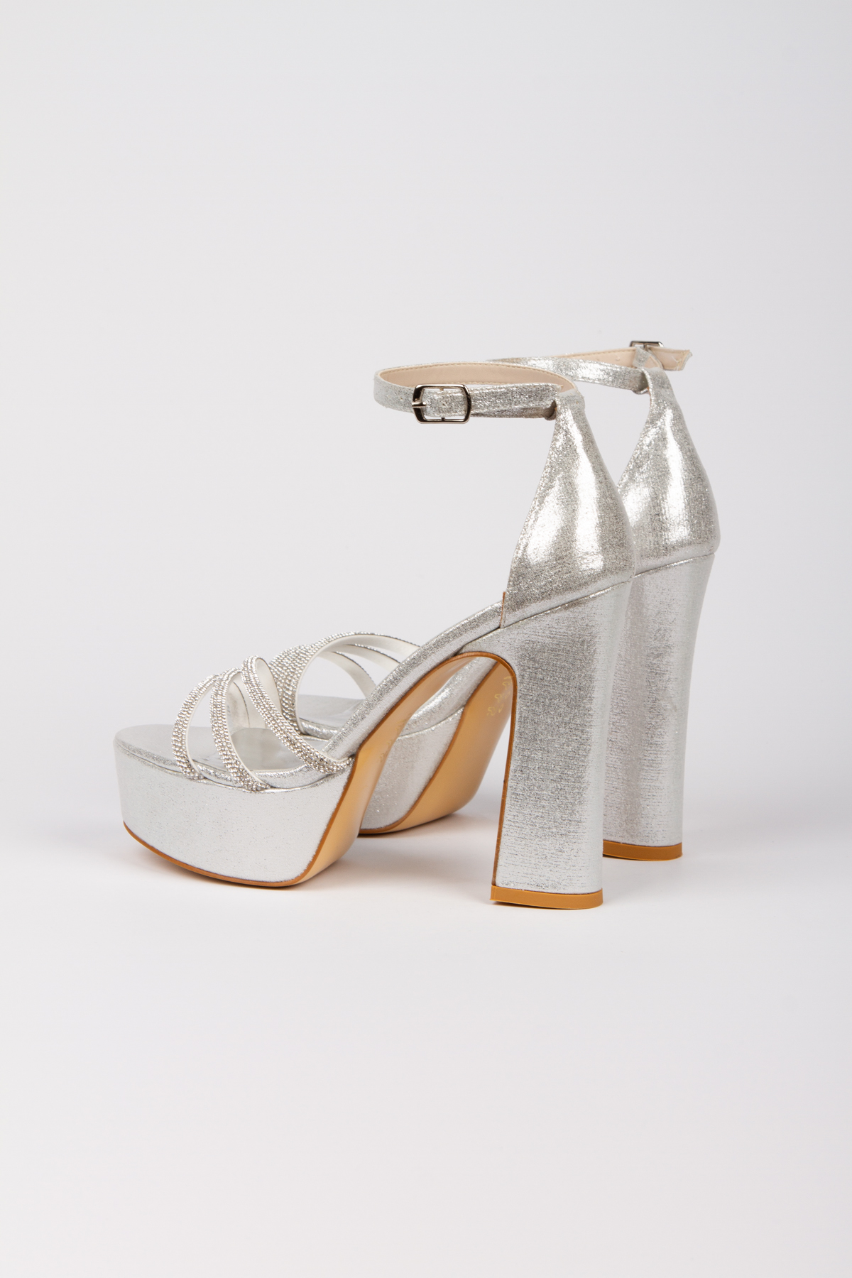 Gümüş Taş İşlemeli Platform Topuklu Gece Ayakkabısı