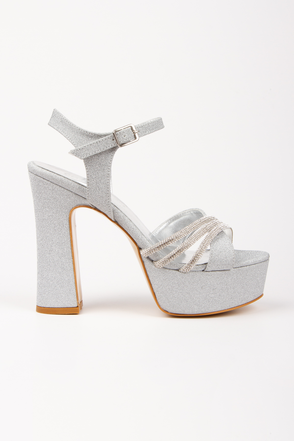 Gümüş Simli Taş Detay Platform Topuklu Kadın Ayakkabı