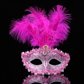 Pembe Dantel İşlemeli Pembe Tüylü Balo Parti Maskesi 17x20 cm (CLZ)
