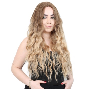 Su Dalgası Uzun Perçemsiz Fiber Sentetik Peruk / Kumral / Balköpüğü Ombreli (CLZ)