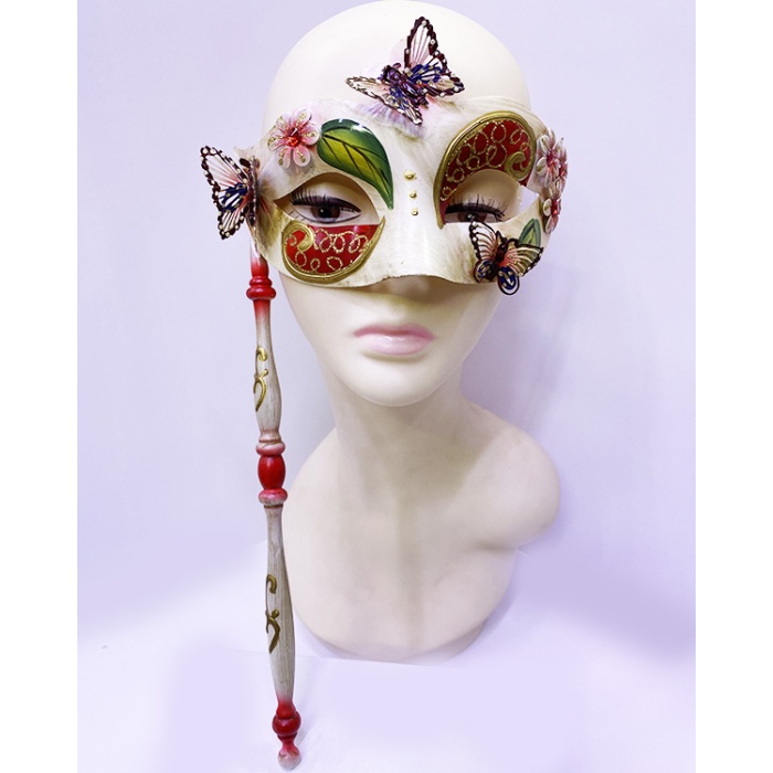 Kırmızı Renk Kelebek İşlemeli Tutmalı Venedik Göz Maskesi 33x17 cm (CLZ)