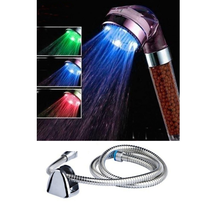 Renk Değiştiren Led Işıklı Duş Başlığı Seti- Hortum Askı Seti (Pilsiz- Elektriksiz) (CLZ)