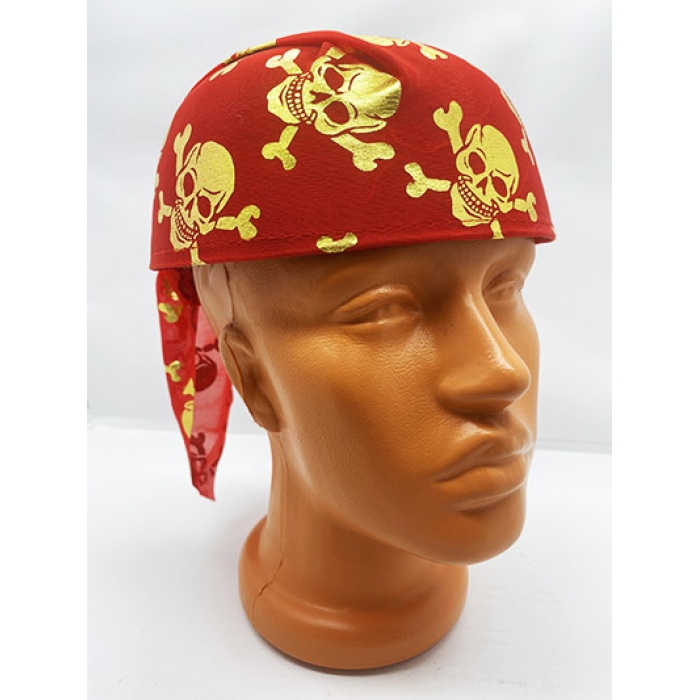 Kırmızı Renk Altın Kuru Kafa Baskılı Tas Korsan Şapkası (CLZ)