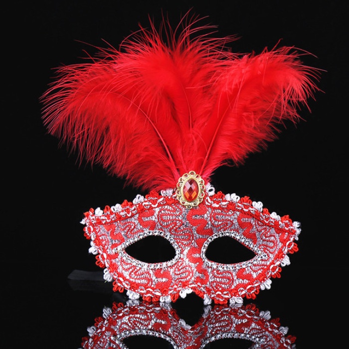 Kırmızı Dantel İşlemeli Kırmızı Tüylü Balo Parti Maskesi 17x20 cm (CLZ)