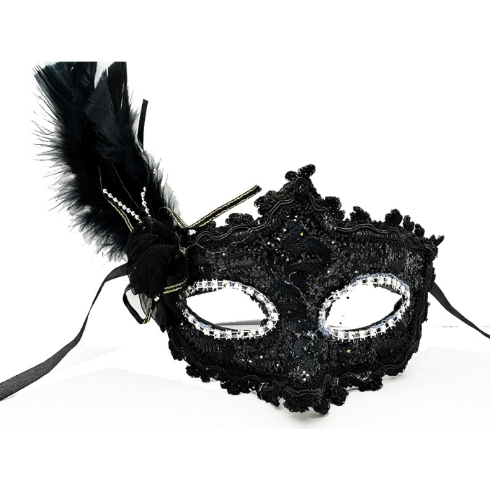 Siyah Renk Yandan Tüylü Dantel Parti Maskesi 20x20 cm (CLZ)