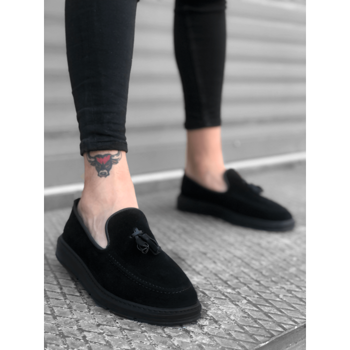 CLZ946 Bağcıksız Yüksek Taban Klasik Süet Siyah Siyah Taban Püsküllü Erkek Ayakkabı