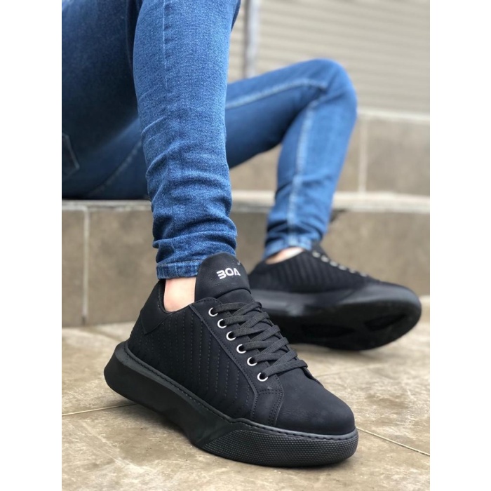 CLZ946 Bağcıklı Erkek Model Dikişli Yüksek Taban Siyah Spor Ayakkabı
