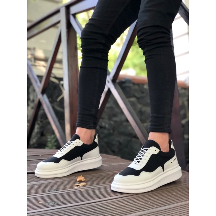 CLZ946  Yüksek Taban Beyaz Siyah Bağcıklı Erkek Ayakkabı