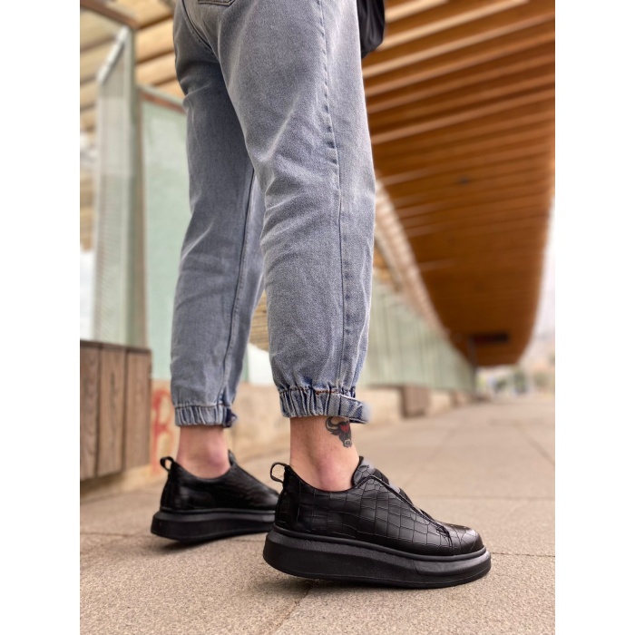 CLZ946  Kalın Yüksek Taban Desenli Çapraz Bant Siyah Erkek Ayakkabı