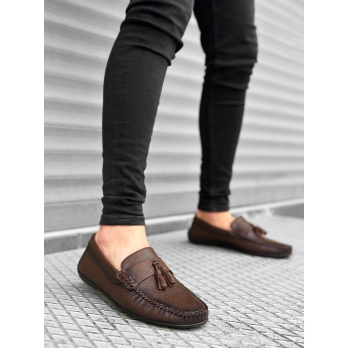 CLZ946 İçi Dışı Hakiki Deri Püsküllü Kahverengi Klasik Erkek Corcik Ayakkabısı