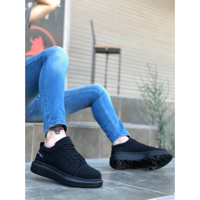 CLZ946  Kalın Yüksek Siyah Taban Siyah Bağcıklı Spor Erkek Ayakkabı