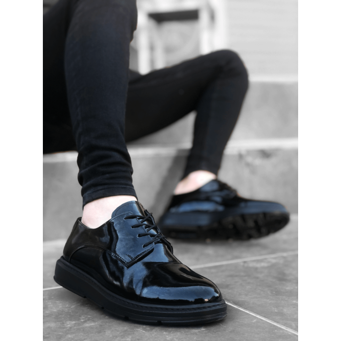 CLZ946 Bağcıklı Klasik  Siyah Siyah Taban Rugan Yüksek Taban Casual Erkek Ayakkabı