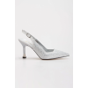 Kadın Gümüş Saten  Damla Taşlarla Bezenmiş 8 cm İnce Galvaniz Topuklu Rahat Stiletto