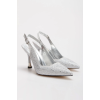 Kadın Gümüş Saten  Damla Taşlarla Bezenmiş 8 cm İnce Galvaniz Topuklu Rahat Stiletto