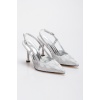 Kadın Gümüş Desenli Taşlarla Bezenmiş 8 cm İnce Galvaniz Topuklu Rahat Stiletto ve Çanta Kombini