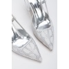 Kadın Gümüş Desenli Taşlarla Bezenmiş 8 cm İnce Galvaniz Topuklu Rahat Stiletto ve Çanta Kombini