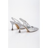 Kadın Gümüş Desenli Taşlarla Bezenmiş 8 cm İnce Galvaniz Topuklu Rahat Stiletto ve Çanta Kombini