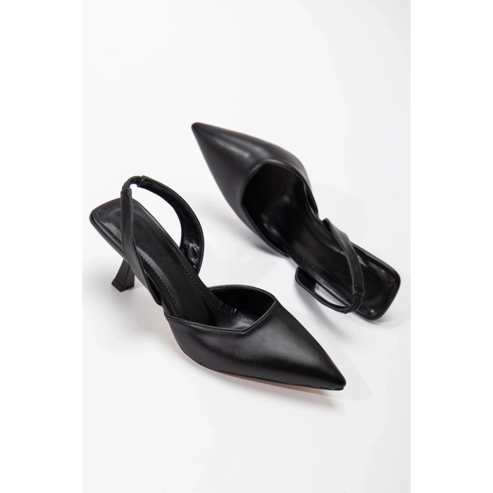 Kadın Siyah   Stiletto Arkası Açık Kısa İNCE Topuklu  Şık  Stiletto